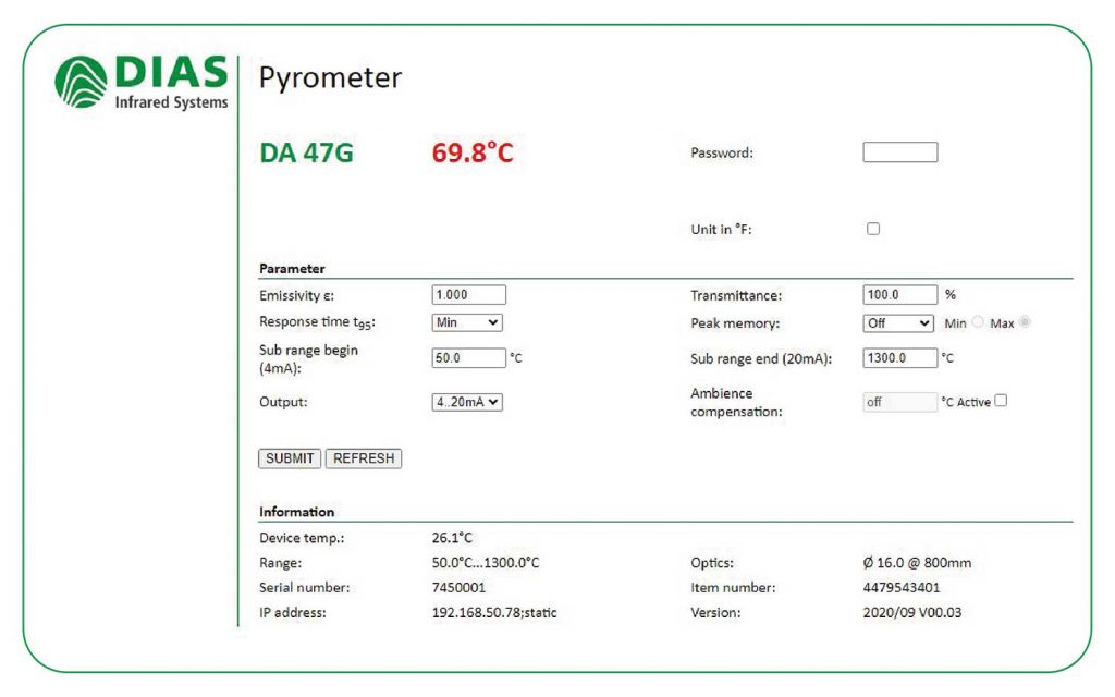 DA47G, 可連接網(wǎng)絡的玻璃專用型紅外測溫儀 , 50-2500°C